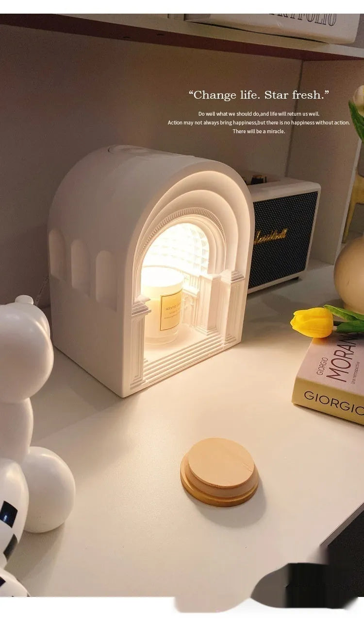 White retro gypsum bedside night light with custom graphic front and aromatherapy function.