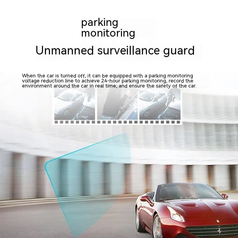 Black car dash camera with 5-inch touchscreen mounted on vehicle windscreen bracket