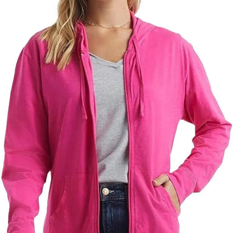 A loose-fit solid colour hoodie pullover with long sleeves shown in multiple colour options.