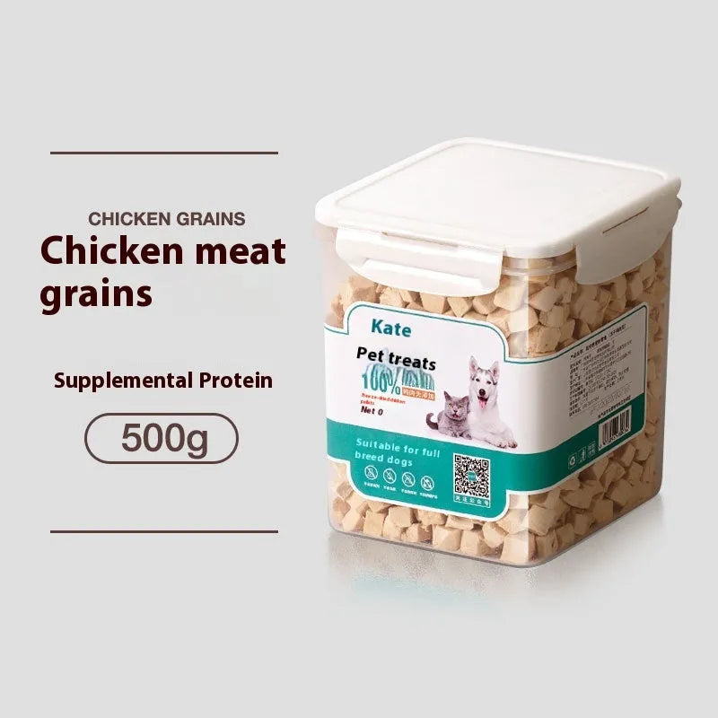 Freeze-dried chicken cat snacks in 500g pack showing nuggets in bagged or barrel packaging options
