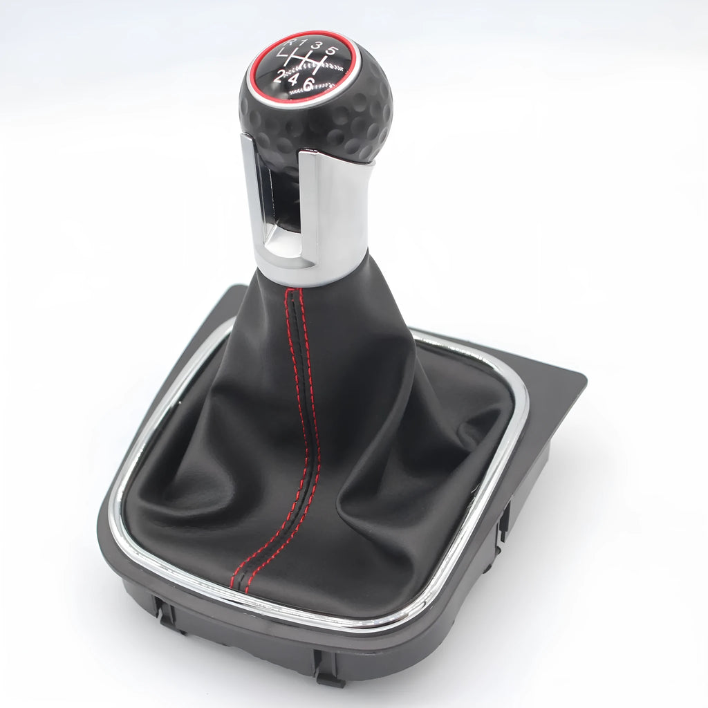 Leather gear lever handball with dust boot for Volkswagen Golf models on a car interior.
