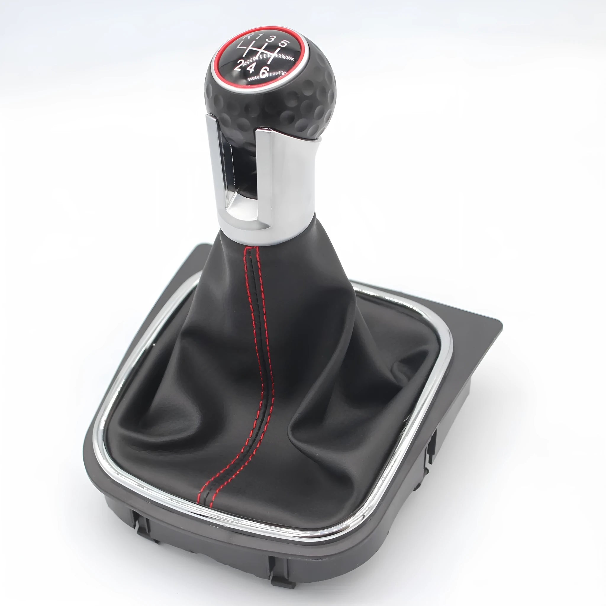 Leather gear lever handball with dust boot for Volkswagen Golf models on a car interior.