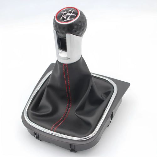 Leather gear lever handball with dust boot for Volkswagen Golf models on a car interior.