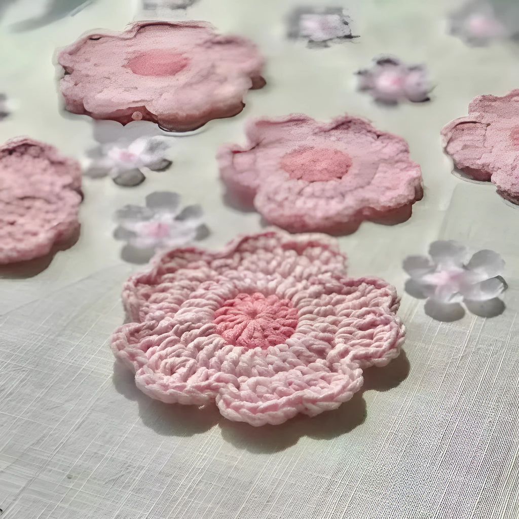 A set of hand-woven decorative wool coasters on a wooden table.