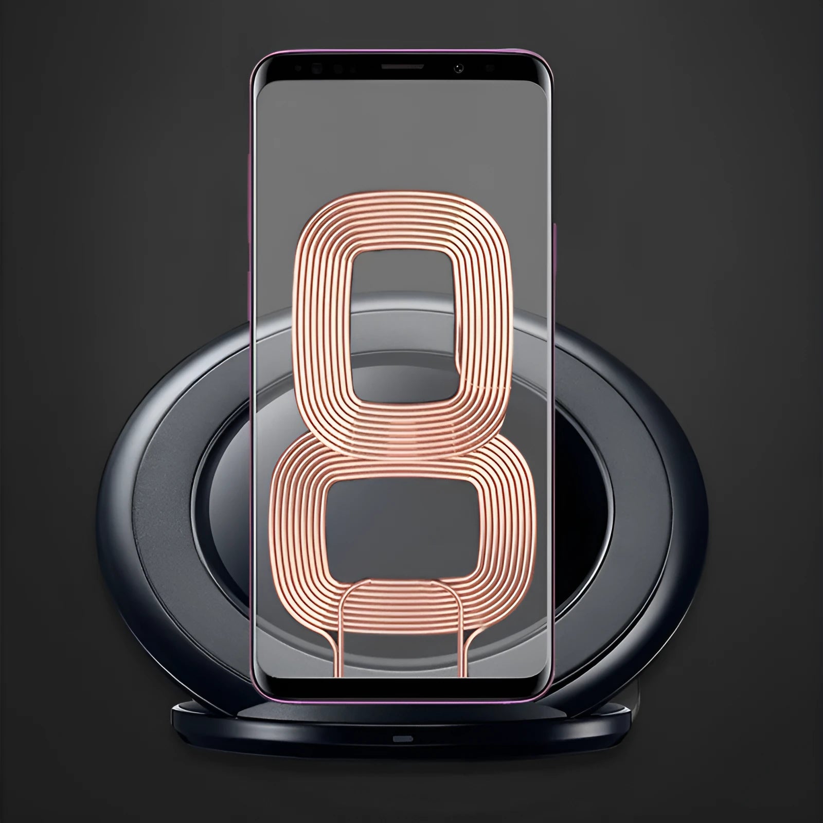 Black and white Qi wireless fast charging pad compatible with Samsung Galaxy Note Edge smartphone.