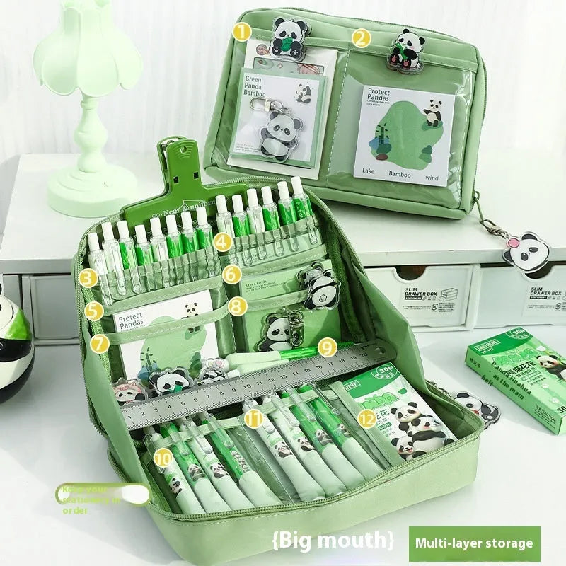 Green panda-themed pencil case with twelve compartments for stationery organisation