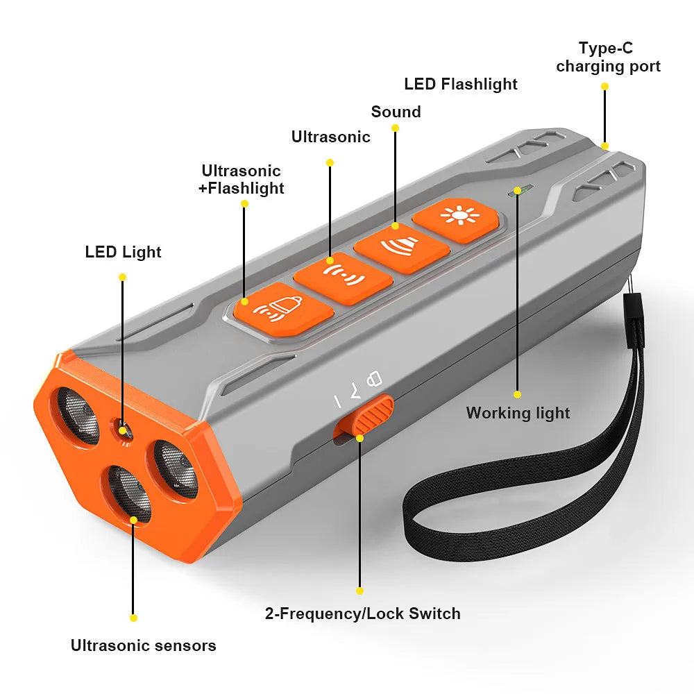 Three head ultrasonic dog trainer in grey orange and black and orange colours