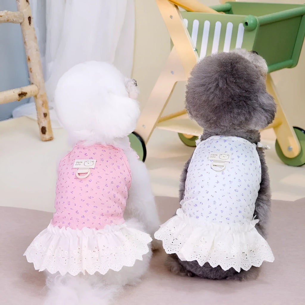 Cotton princess style pet clothing for mother dogs in beige, pink, and light purple, available in sizes S to XXL