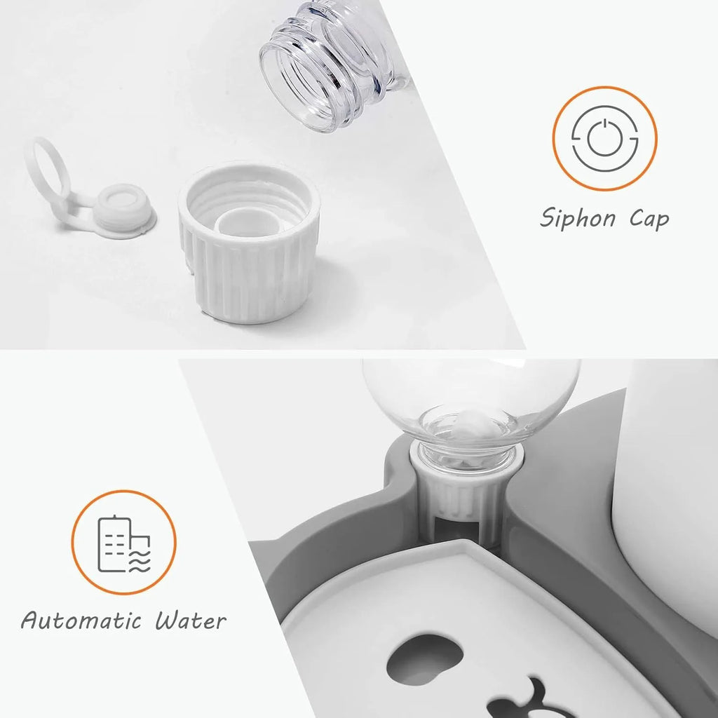 Grey panda-shaped tilted pet feeder with stainless steel bowls and a large automatic water bottle on a wide base.