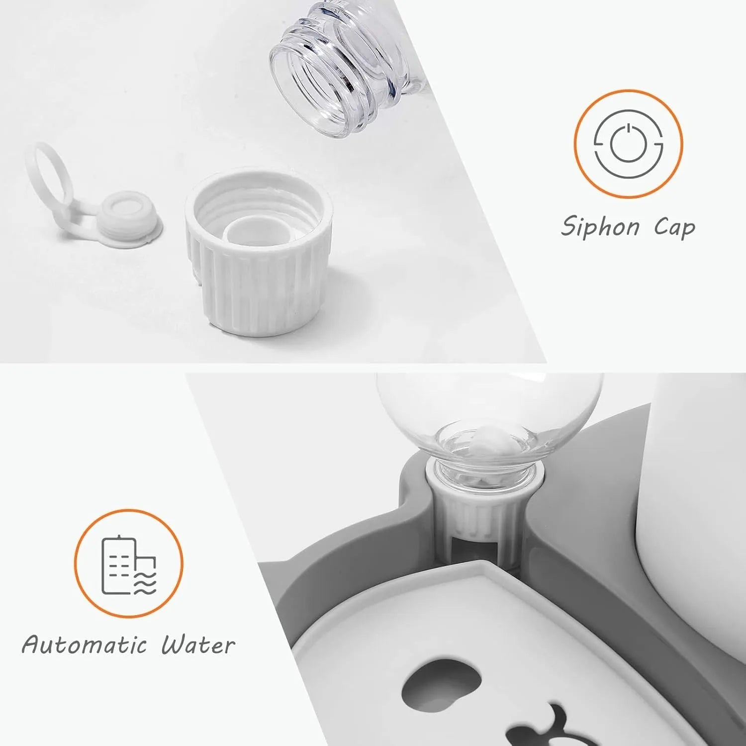 Grey panda-shaped tilted pet feeder with stainless steel bowls and a large automatic water bottle on a wide base.