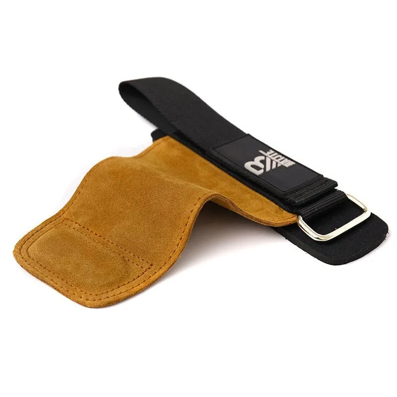 Brown neoprene wrist protectors with adjustable strap, shown on a pull-up bar.