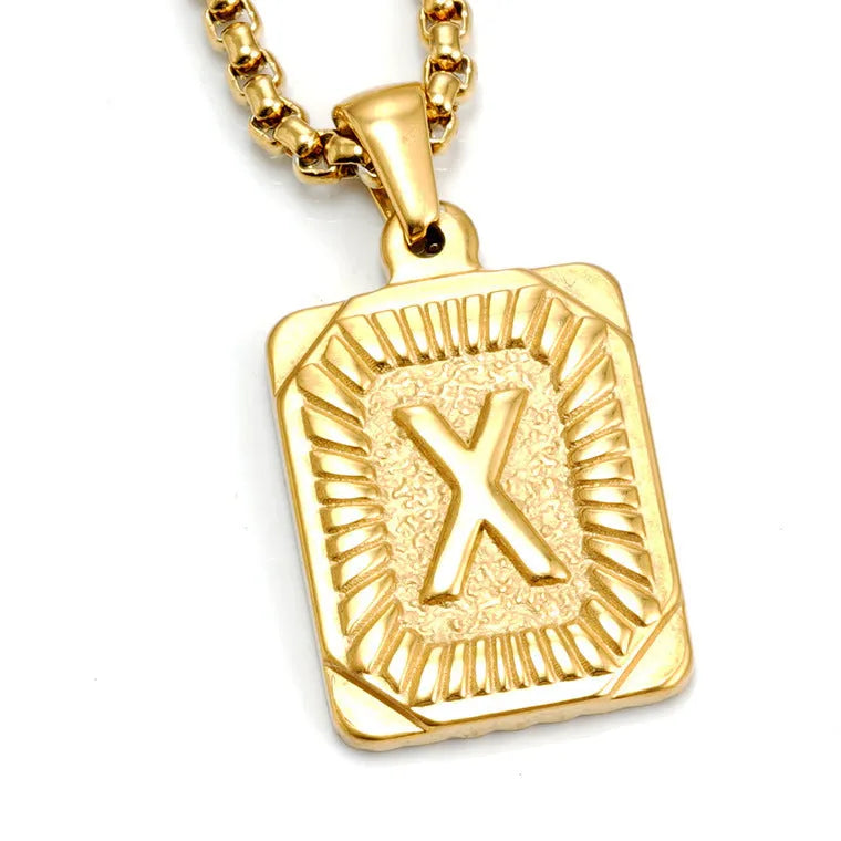 Gold-plated 18K titanium steel letter pendant necklace on a pearl chain, unisex design, gold colour