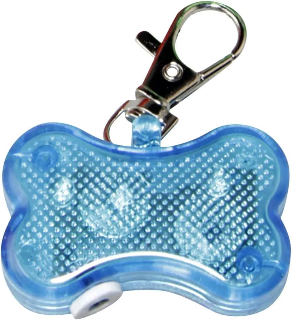 Blue LED luminous bone-shaped pendant for pet collars, shown with LR44 batteries.