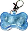 Blue LED luminous bone-shaped pendant for pet collars, shown with LR44 batteries.