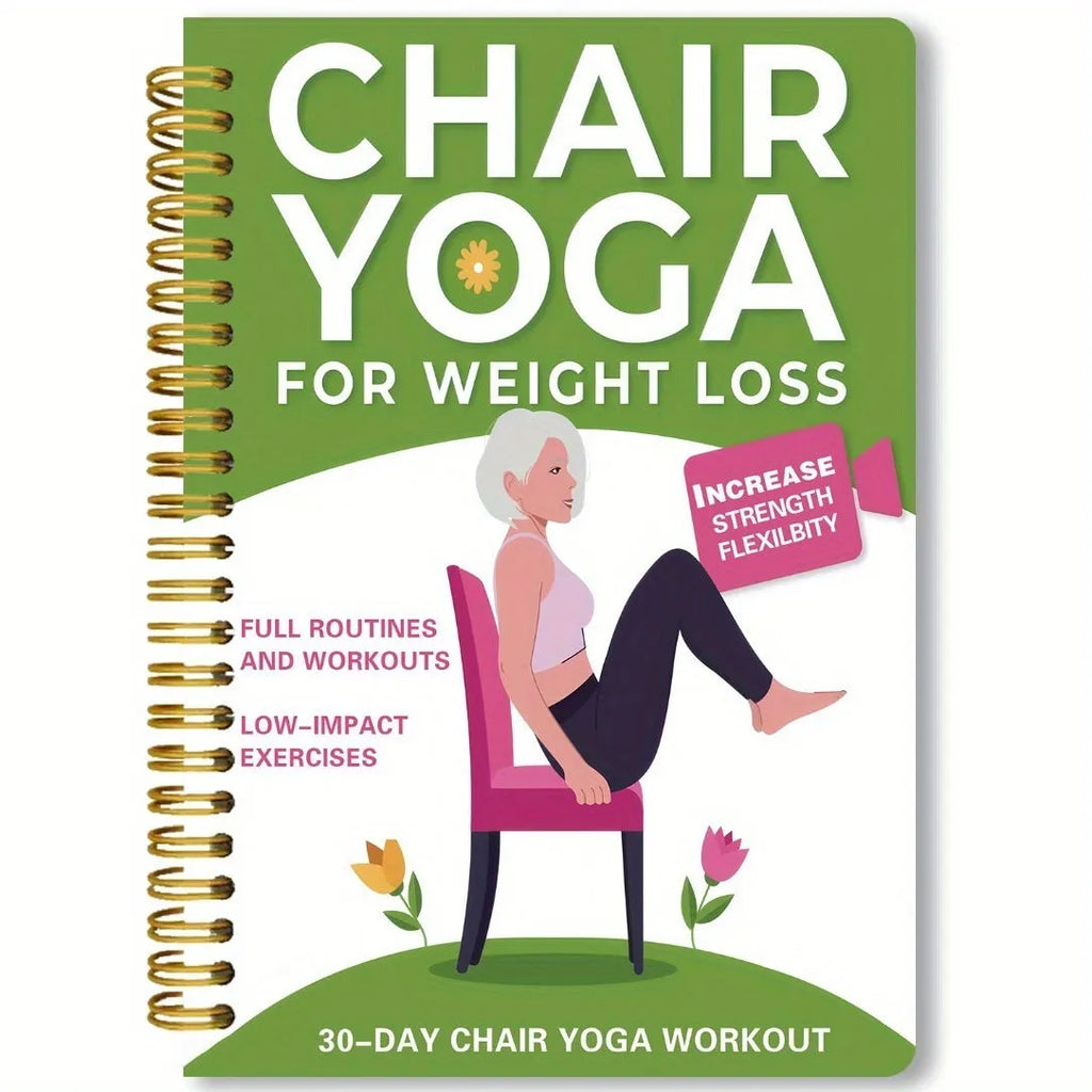 Green coil-bound 30-day chair yoga training notebook open to daily plan page