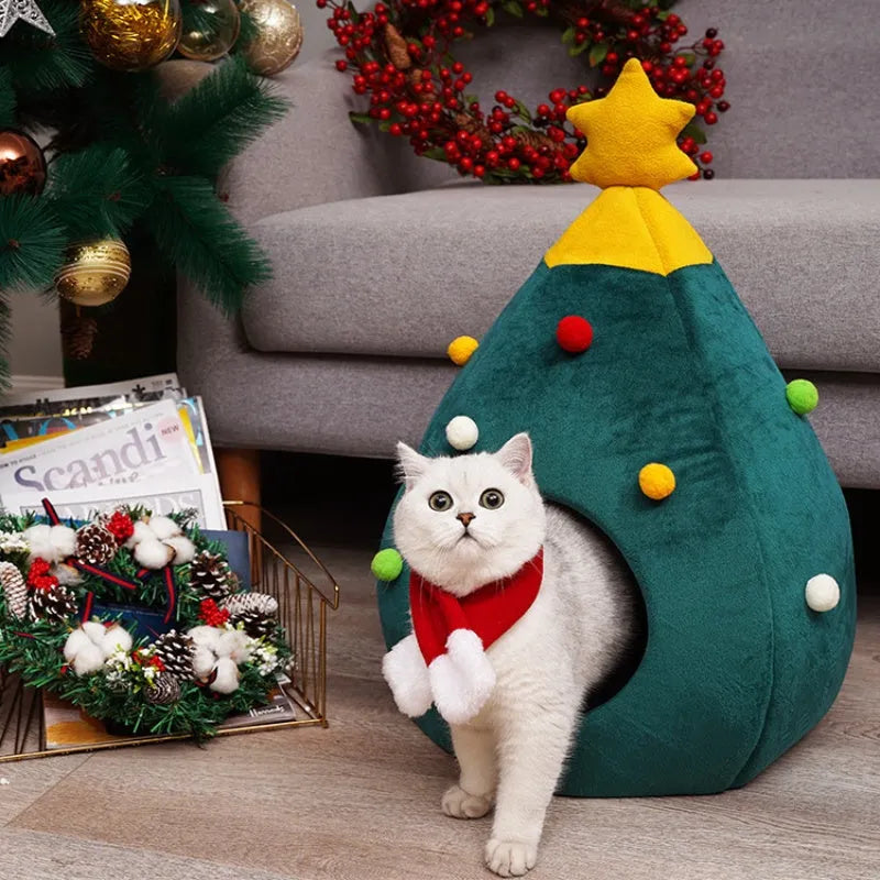 Christmas tree styled cave pet bed with plush teddy fabric and detachable cover in three size options