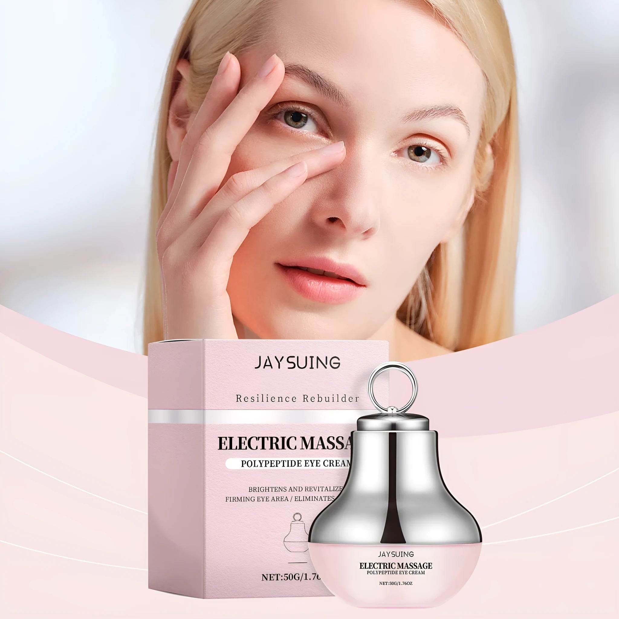 50g tube of electric firming eye cream with massage applicator, 7.7x11cm packaging