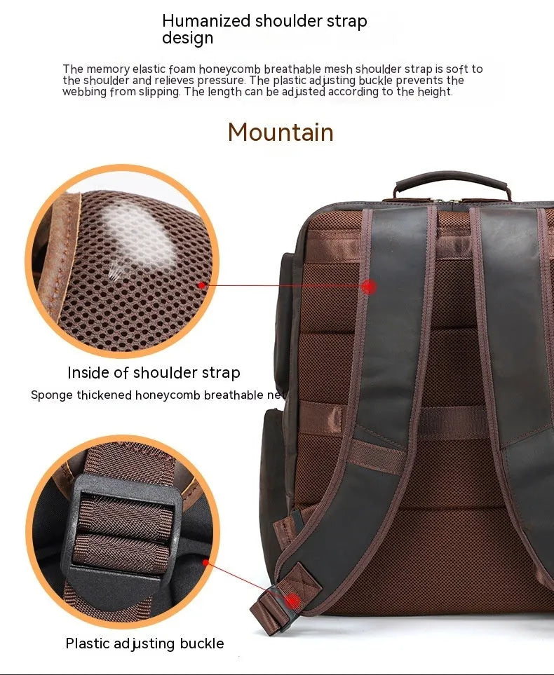 Dark brown genuine crazy horse leather backpack for men showing open pockets and organised internal compartments for a 17-inch laptop.