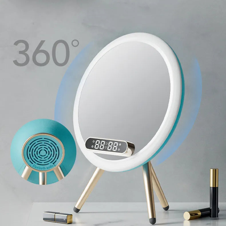Multi-function LED mirror alarm clock with wireless charger and Bluetooth speaker in white, showing clock display and acrylic mirror surface