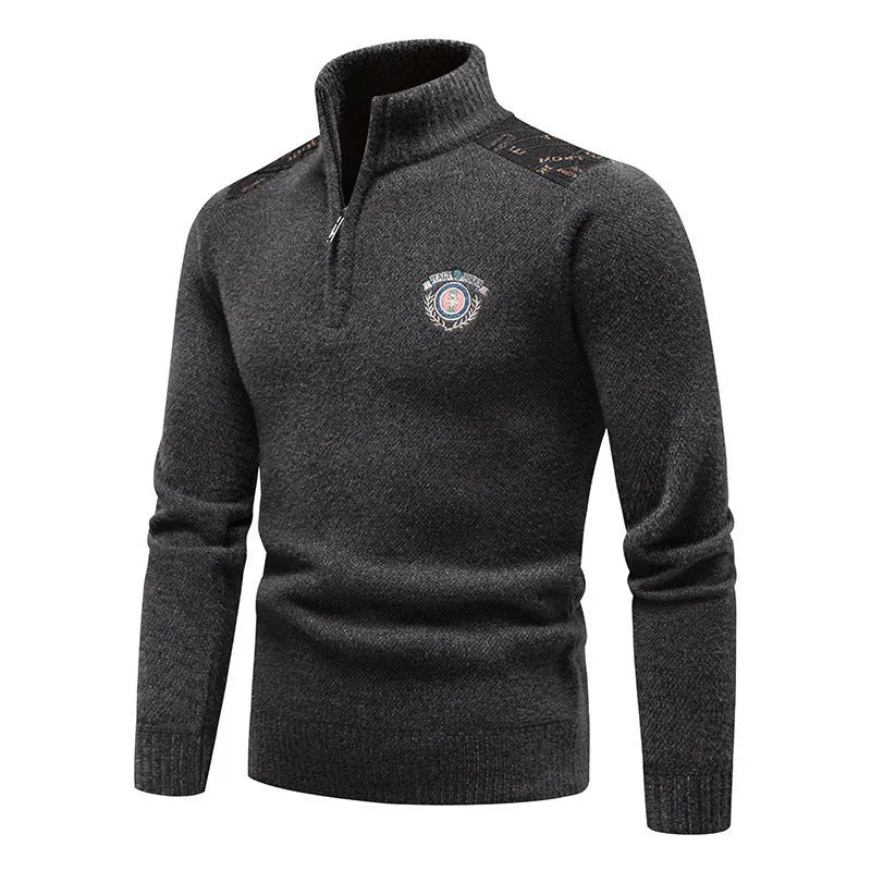 Men's velvet stand collar thickened pullover sweater in a straight cut, shown in beige colour.
