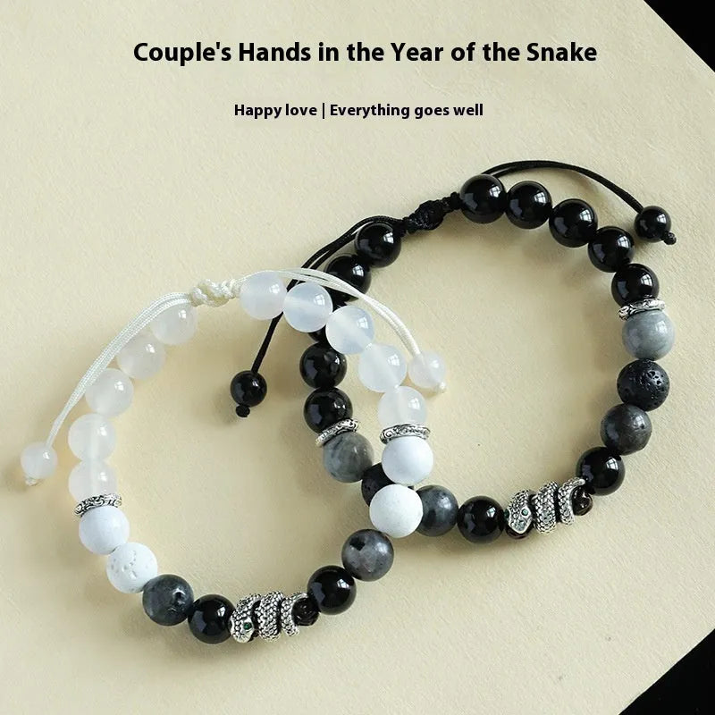 Black and white agate couple bracelets with blessing snake design and glitter accents