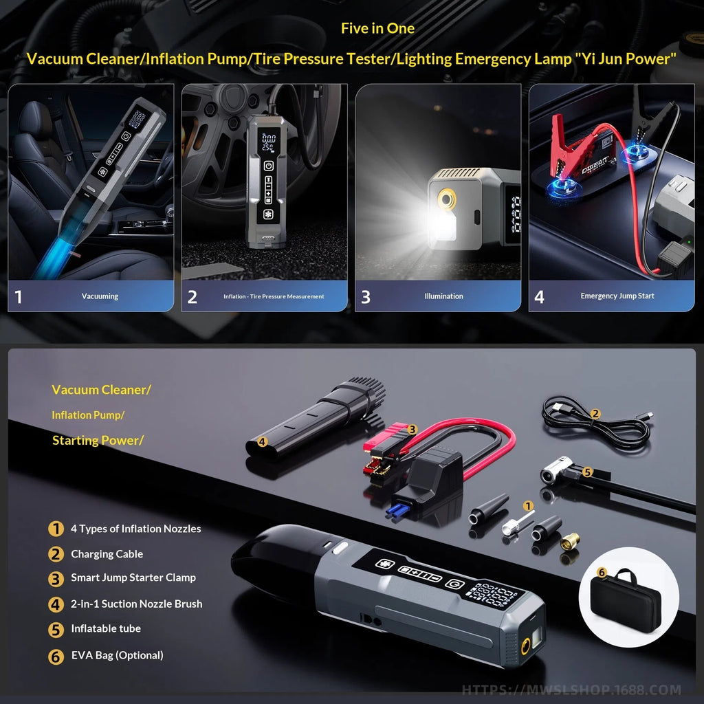 Wireless inflator with power bank showing 4-in-1 car vacuum and air pump with LED light