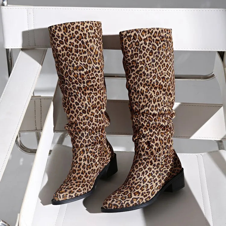 Brown leopard print women's ankle boots with square toe and chunky mid-height heel