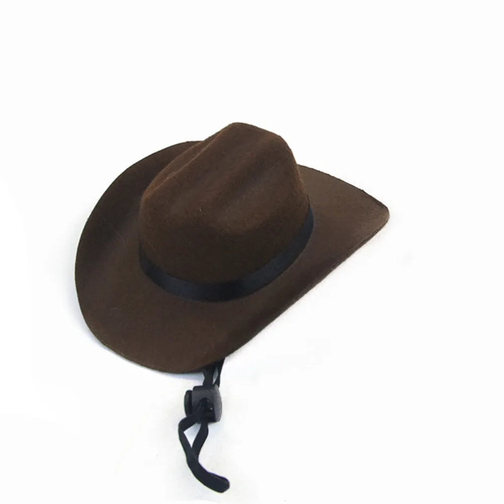 Adjustable pet cowboy hat in four colours on dog model showing size proportions