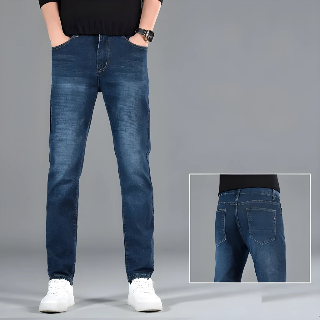 Men's slim fit youth casual straight-leg cotton jeans in black, mid waist, zipper fly, size 30