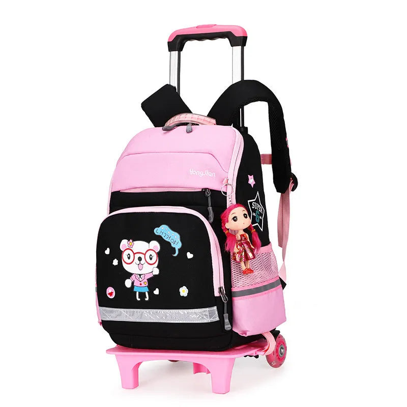 Korean-style detachable trolley school bag in Oxford cloth, shown in black and rose red colours