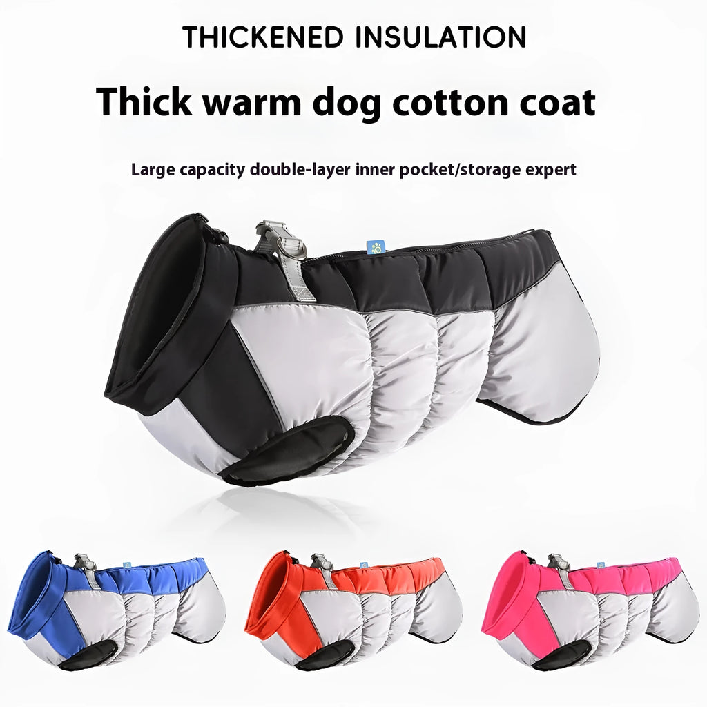 Large dog wearing reflective waterproof winter coat in polar fleece material
