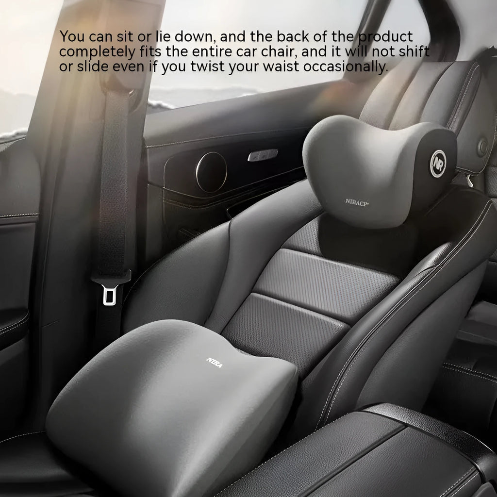 Black memory foam car headrest and lumbar support pillow set with milk silk cover.