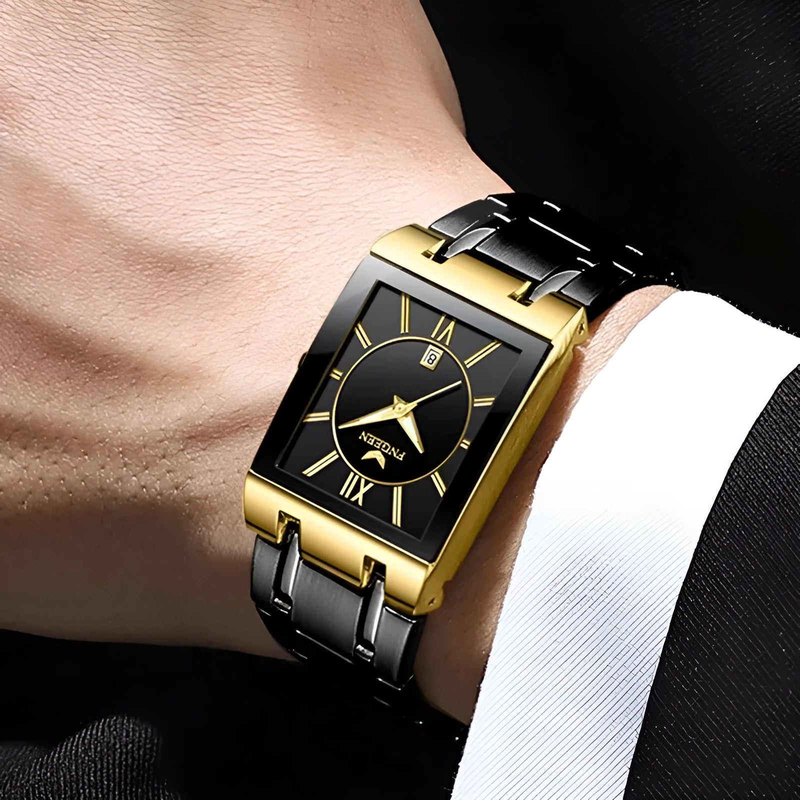 Mens square alloy quartz watch with white steel case and crystal glass dial on black background