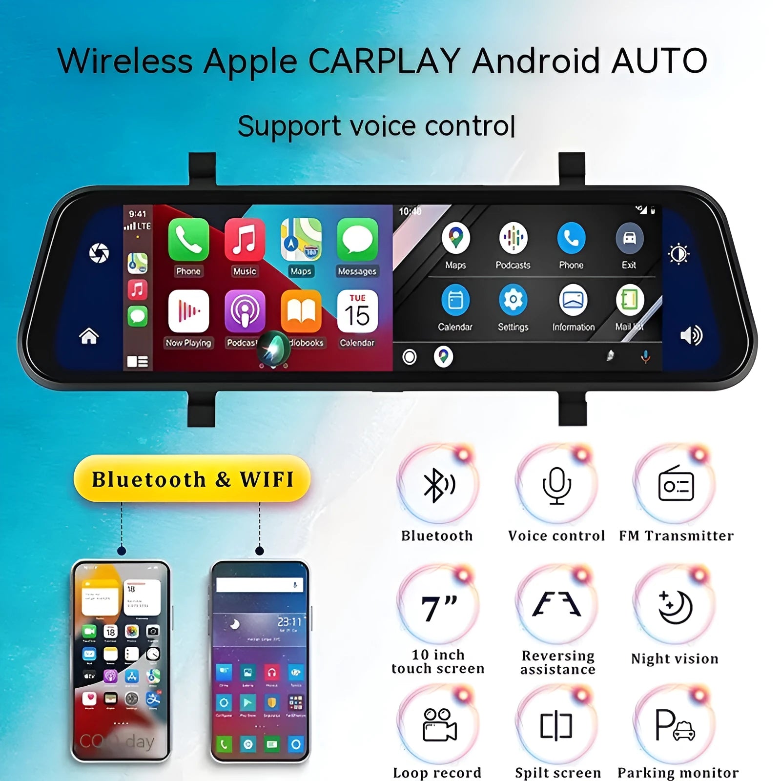 Black universal 9-inch car GPS navigation system with large touch screen and dual camera.