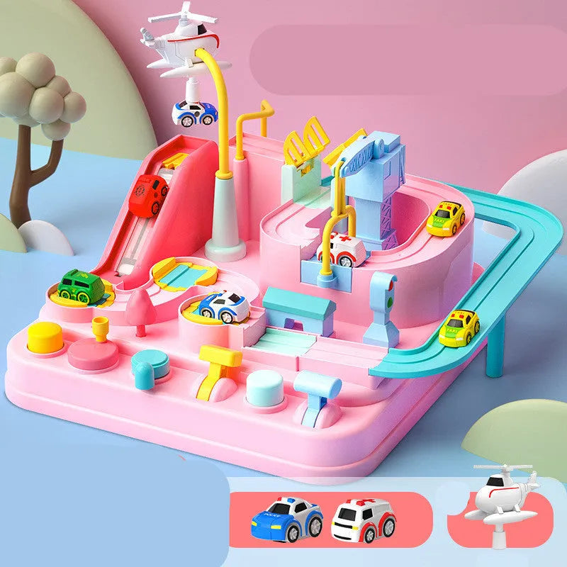 Big adventure parking lot rail car track toy set with plastic cars and handle control