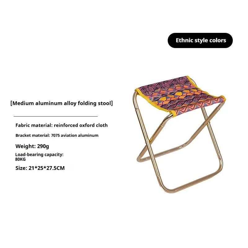 Black folding camp stool with aluminium alloy frame shown in open and folded positions.