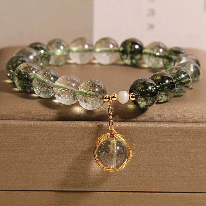 Women's green phantom quartz and chorite crystal bracelet in Japanese Korean style