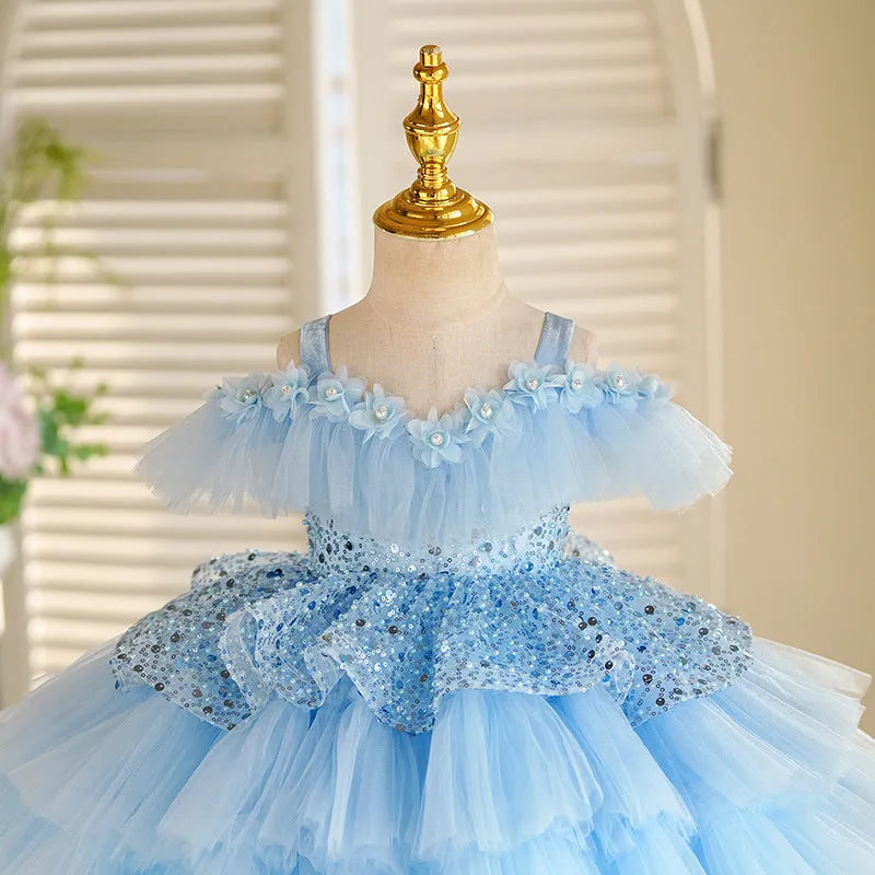 Sky blue children's princess dress made from polyester fibre, suitable for heights 80-150cm, for birthday parties and piano recitals