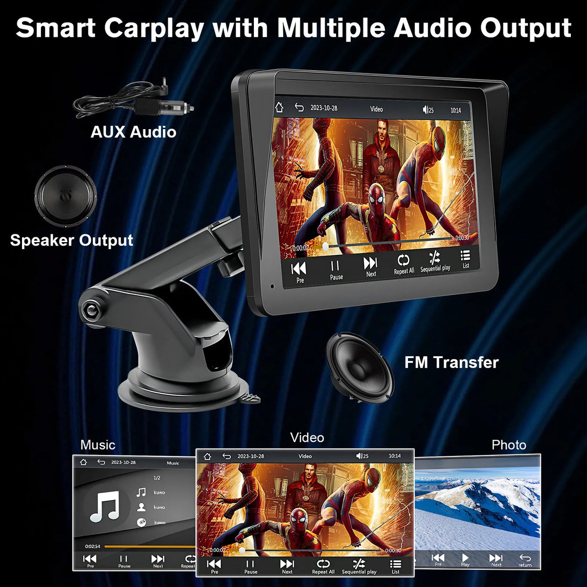 Portable car stereo with 7-inch touchscreen showing CarPlay interface, plastic body, and AUX cable