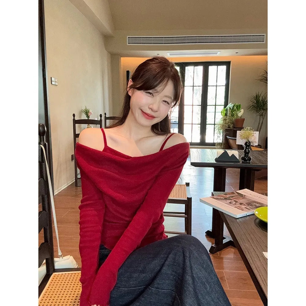 Fashion fake two-piece off-shoulder long sleeve women top in polyester with ruffle detailing, oatmeal colour