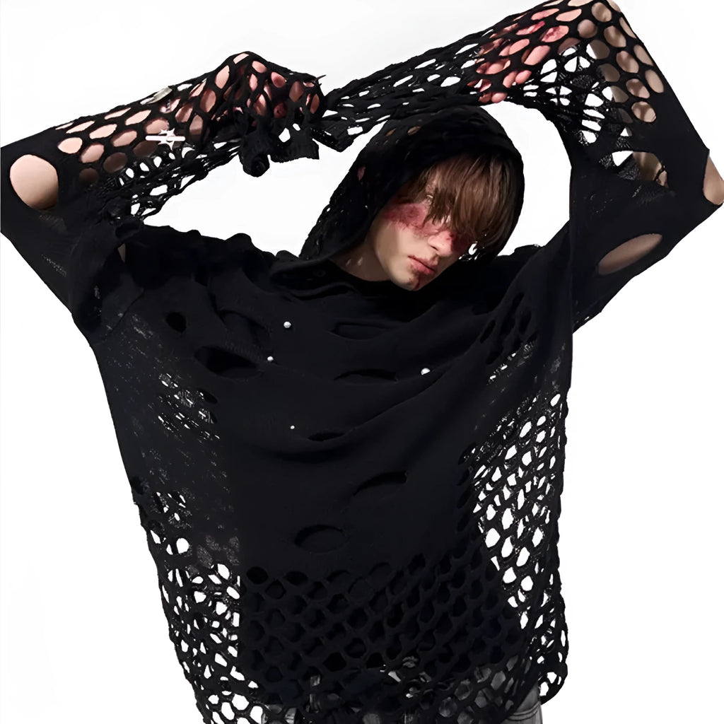 Black men's loose hoodie with pearl decorations on the hood, showing a hollow knit texture.