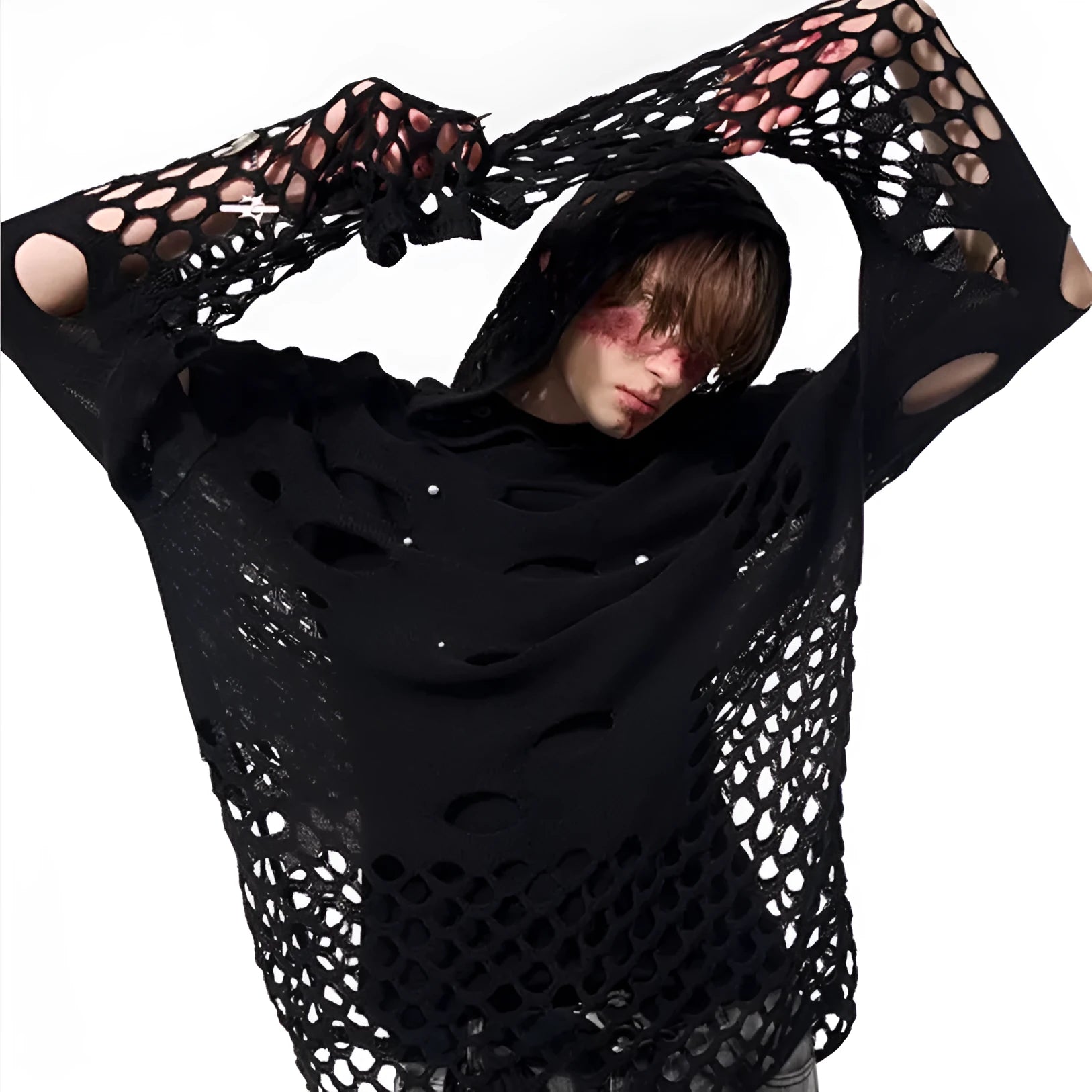 Black men's loose hoodie with pearl decorations on the hood, showing a hollow knit texture.
