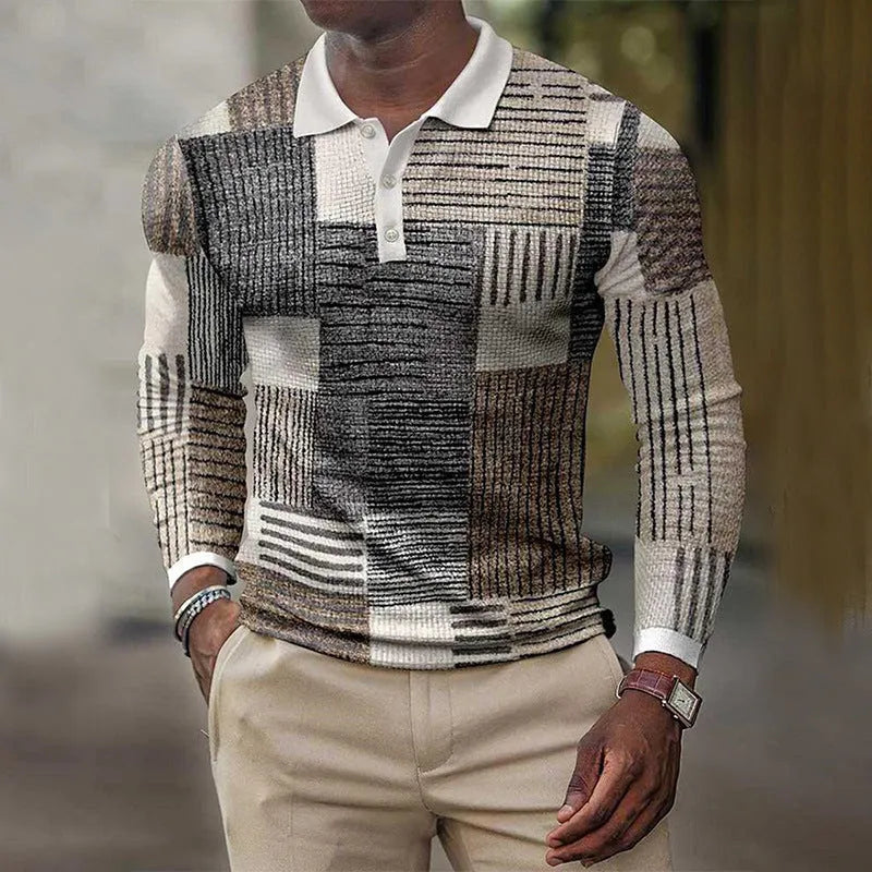 Men's grey long sleeve casual top with a black 3D printed striped pattern on the front.