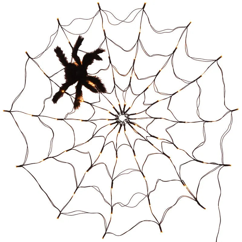 Halloween spider web light with 70 warm white LEDs, furry spider, remote control, 1m diameter, on black wire