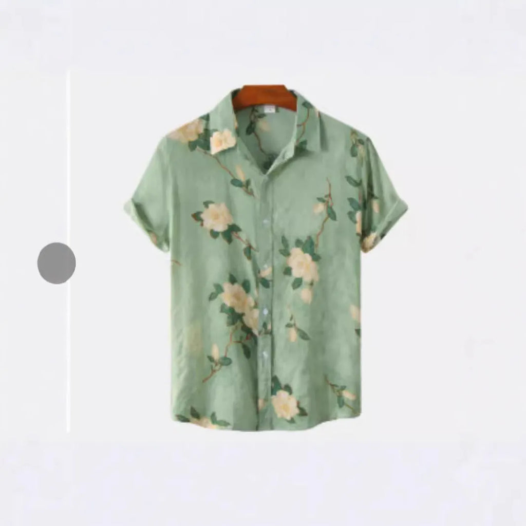 Hawaiian style short sleeve shirt with lapel collar and floral digital print, made from elastic polyester fabric.