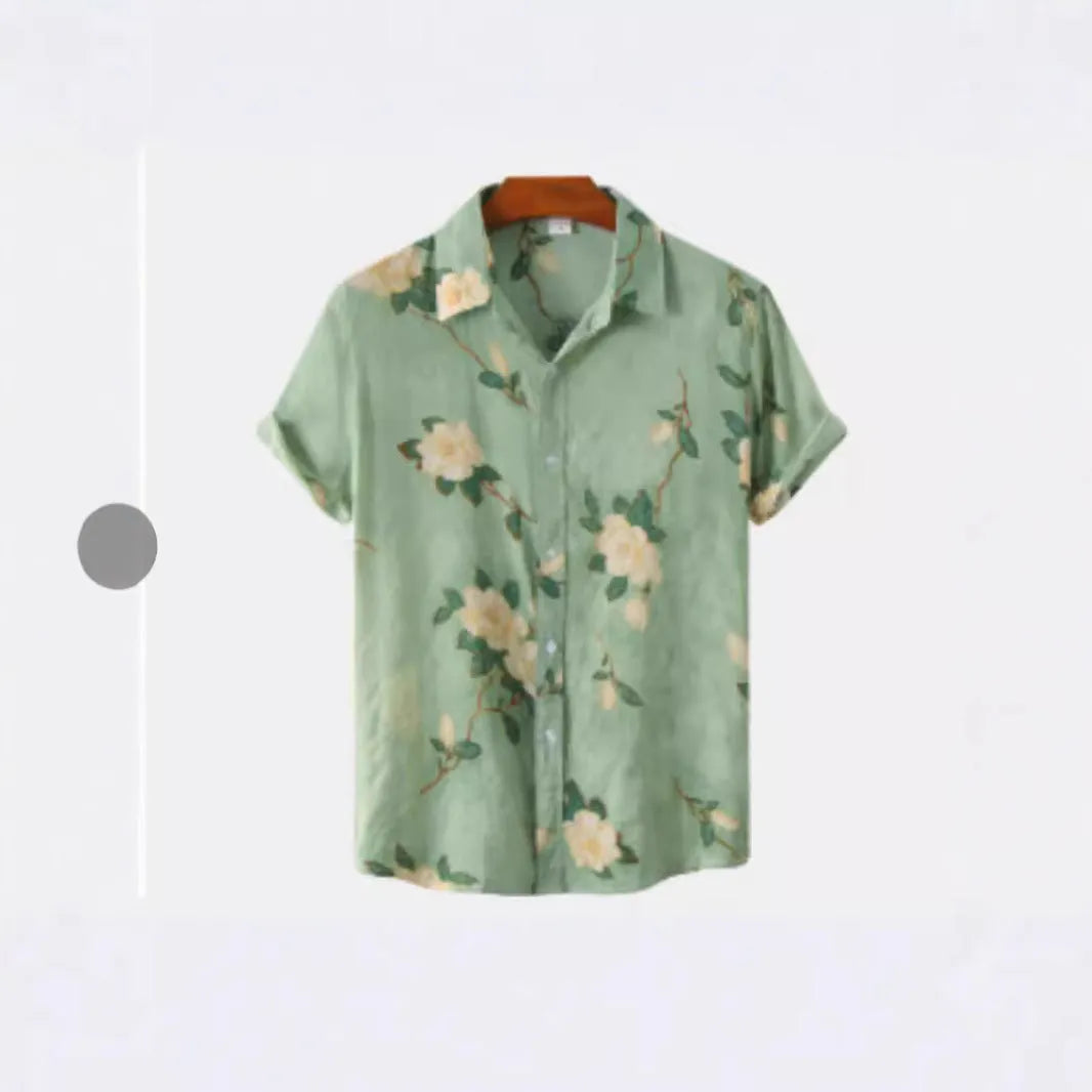 Hawaiian style short sleeve shirt with lapel collar and floral digital print, made from elastic polyester fabric.