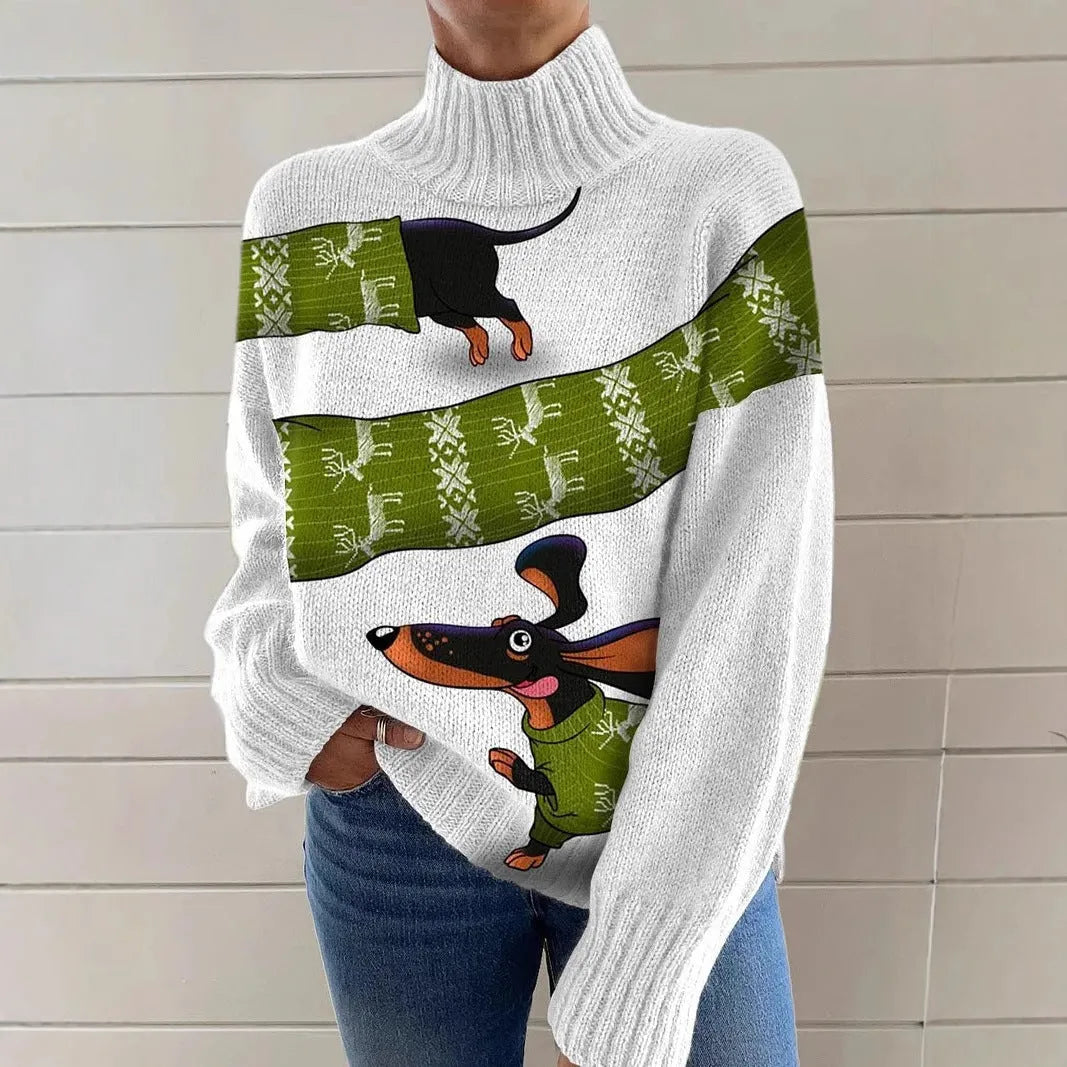 Women's loose-fit Christmas printed turtleneck sweater in macaron colours