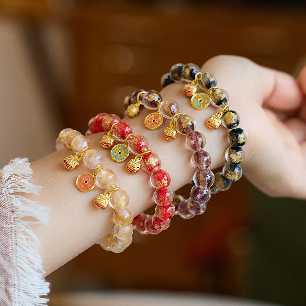 Handmade coloured glaze bracelet with gold foil swallowing gold beast pattern in seven colour options