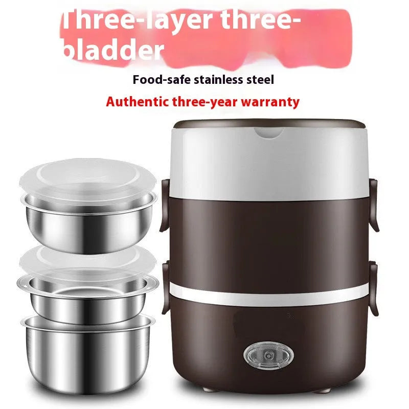 Portable plug-in insulated lunch box with stainless steel inner liner, coffee colour, double layer configuration, on a desk