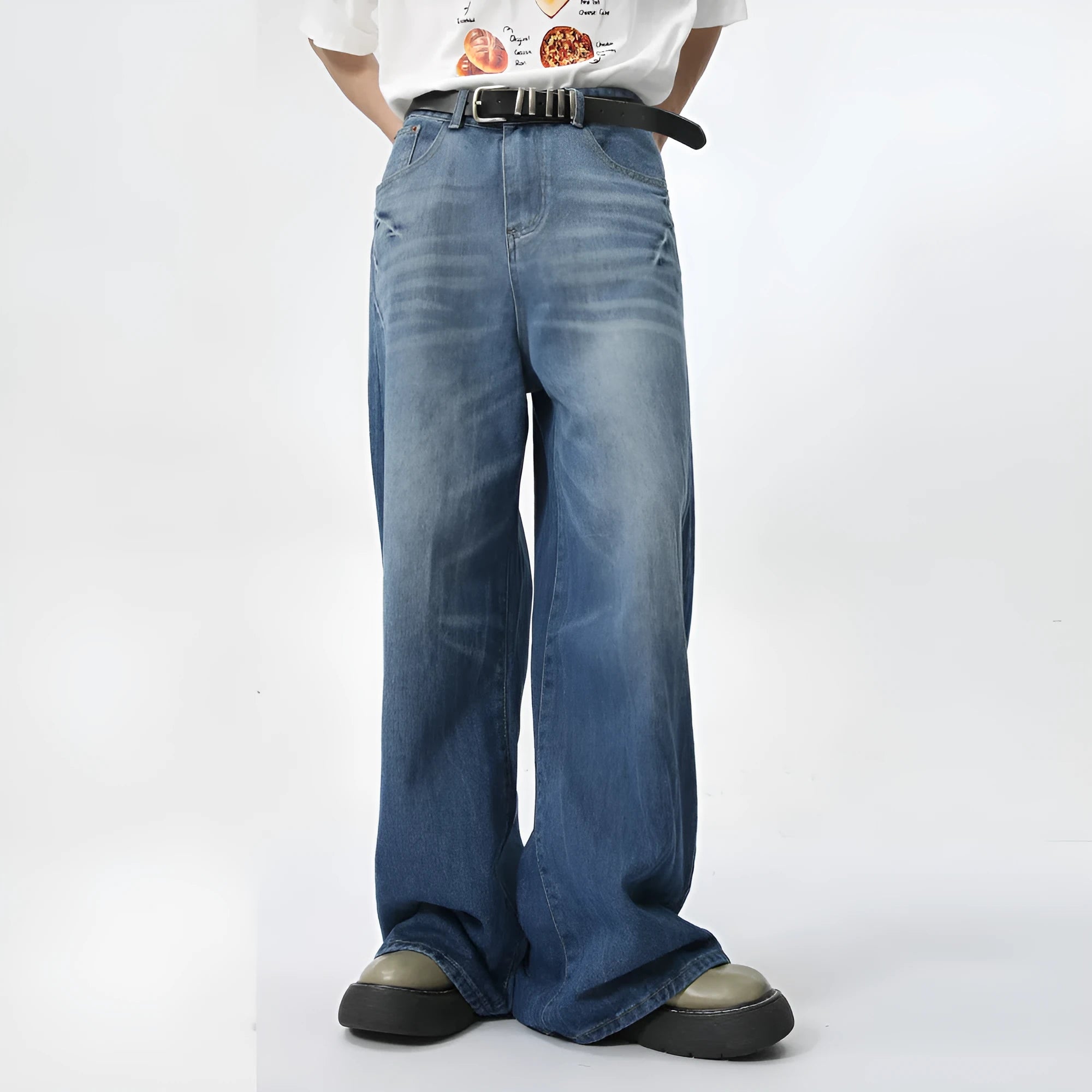 Men's summer loose straight jeans in light blue cotton fabric, full-length trouser style